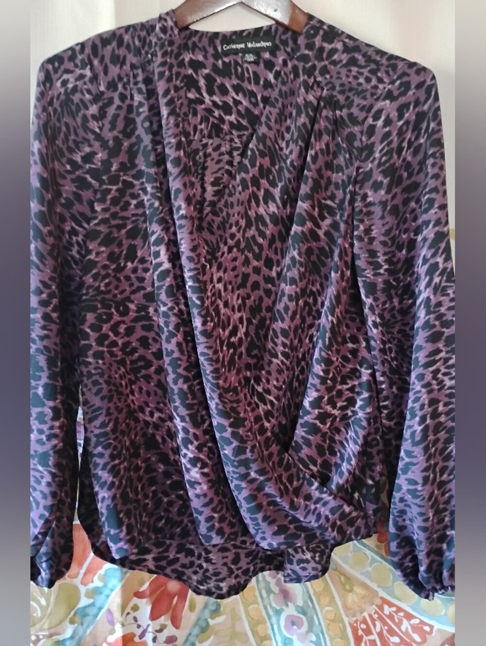 Catherine Malandrino Purple and Black Leopard Print Wrap-Front Blouse